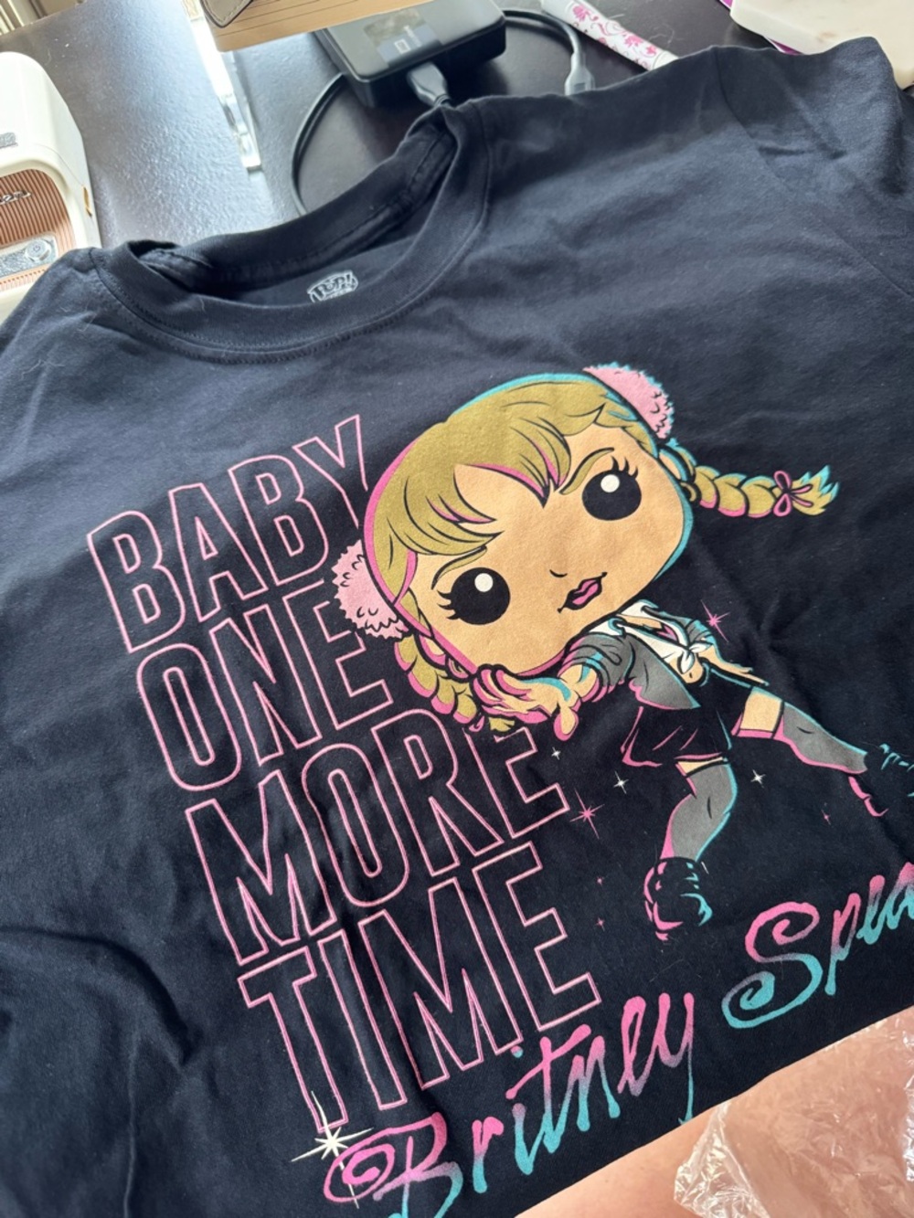 Funko Black Graphic Tee with Pink and Teal Pop Figure